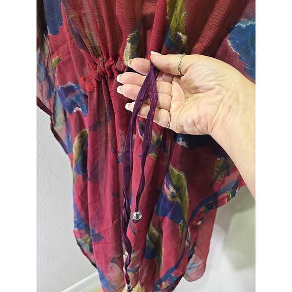 Red Multicolor Tassel Tie Sheer Blouse Top OS Boho Floral Oversized Fairy Grunge - Picture 4 of 7